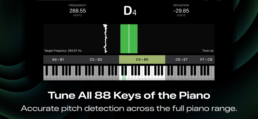 Piano Tuner PT1 - Interfaz de la aplicación Afinador de Pianos PT1 mostrando la frecuencia en tiempo real y la desviación de centavos para afinar una nota D4 en un teclado de piano