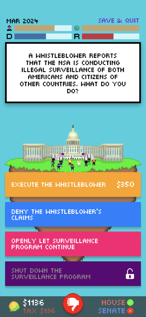 Impeached 2 - A gameplay screenshot of Impeached 2 showing a scenario where a whistleblower reports illegal NSA surveillance with satirical choices to execute them or deny the claims.
