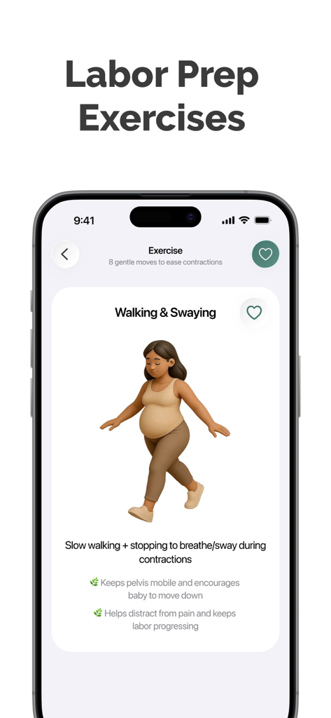 A screenshot of the Contraction Timer and Tracker app showing labor prep exercises like walking and swaying for expecting mothers