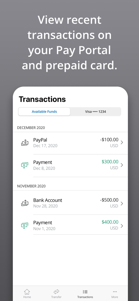 Tela de histórico de transações do aplicativo móvel Payouts Hub mostrando pagamentos e transferências bancárias