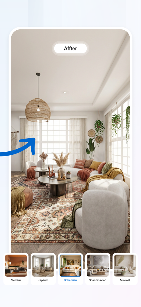 Hano Home – AI Interior Design - A screenshot of the Hano Home app displaying a Bohemian style living room transformation using AI interior design tools.