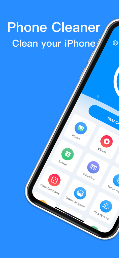 Cleaner - Clean Storage - Interfaz de la app Cleaner en un iPhone mostrando herramientas de gestión de almacenamiento para fotos, vídeos y contactos