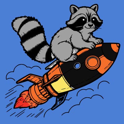 realistic raccoon flying on top rocket ship