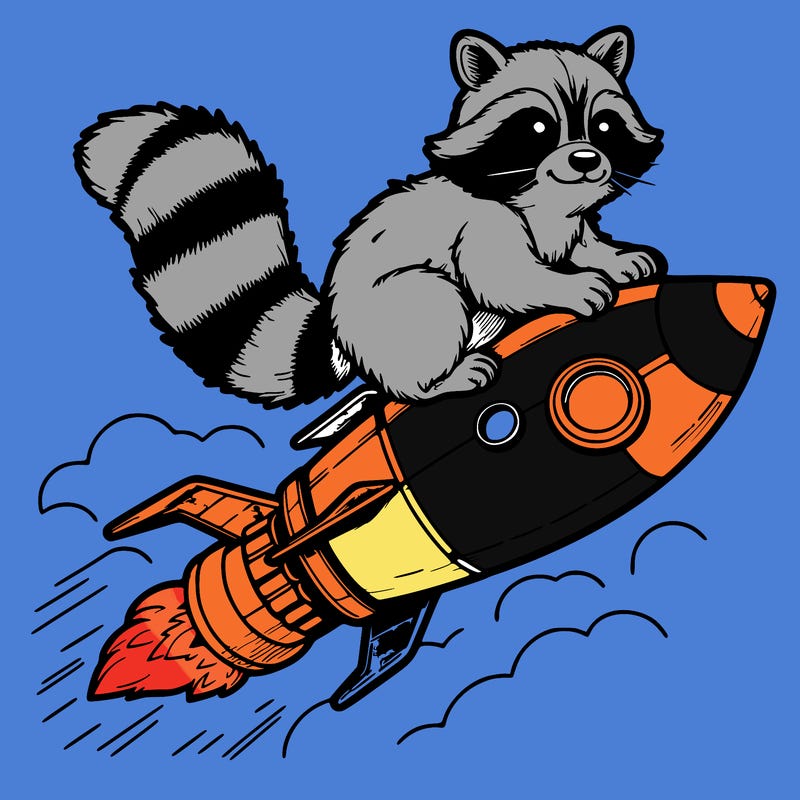 realistic raccoon flying on top rocket ship