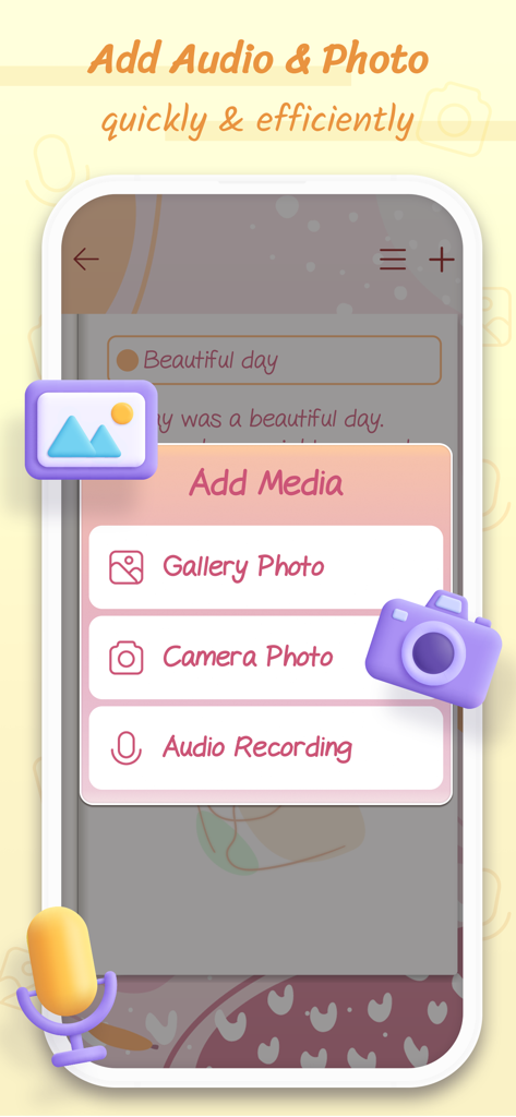 Color Notes With Lock & To Do - Pantalla de la aplicación Color Notes mostrando el menú Añadir medios con opciones para adjuntar fotos y audio