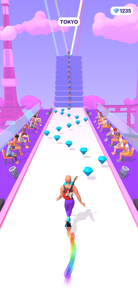 High Heels! - Gameplay screenshot of High Heels showing a character on a Tokyo themed runway collecting diamonds