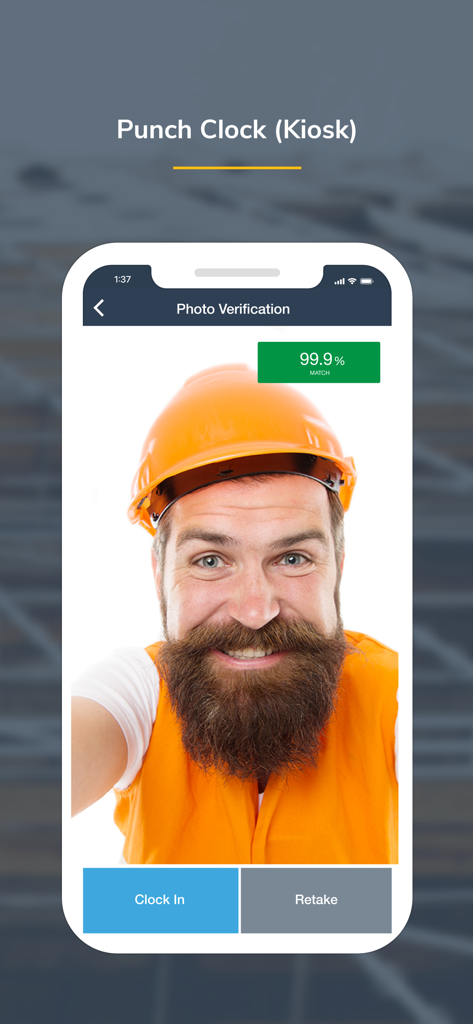 A construction worker using the photo verification feature on the busybusy kiosk punch clock to clock in