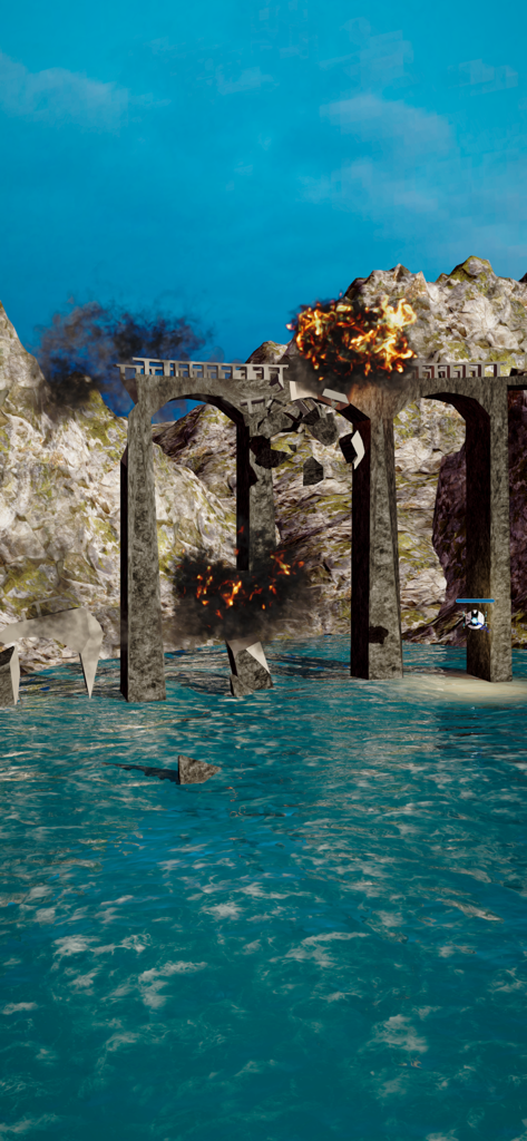 City Demolish: Rocket Smash! - A stone bridge exploding and collapsing over water in the City Demolish game.