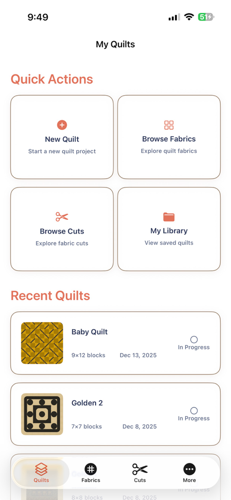 Dashboard of the Quiltler 3 app displaying current quilt projects and quick action buttons