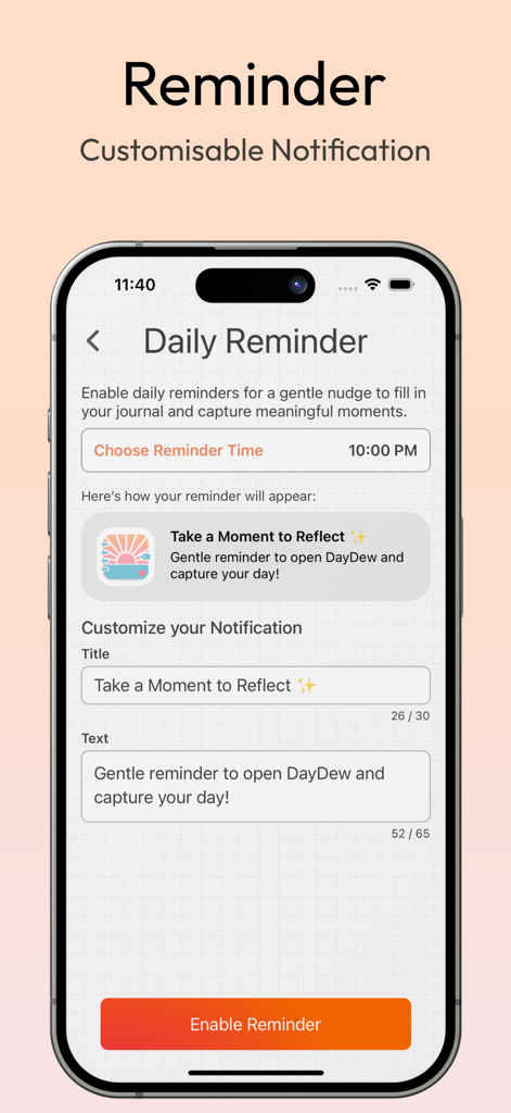 DayDew - Journal, Diary, Notes - A mobile screen showing the customisable daily notification settings in the DayDew journaling app