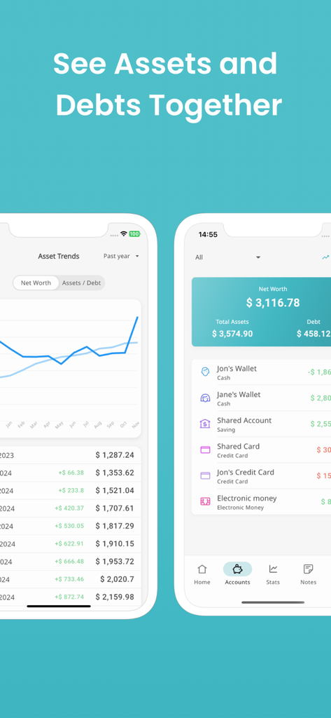 Budget planner - MoneyBoard - Interface do aplicativo MoneyBoard exibindo tendências de patrimônio líquido e saldos de contas compartilhadas