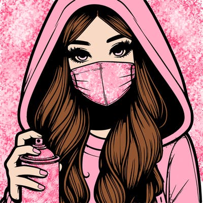 girl wearing a mask with long hair with her hood up spray-painting realistic