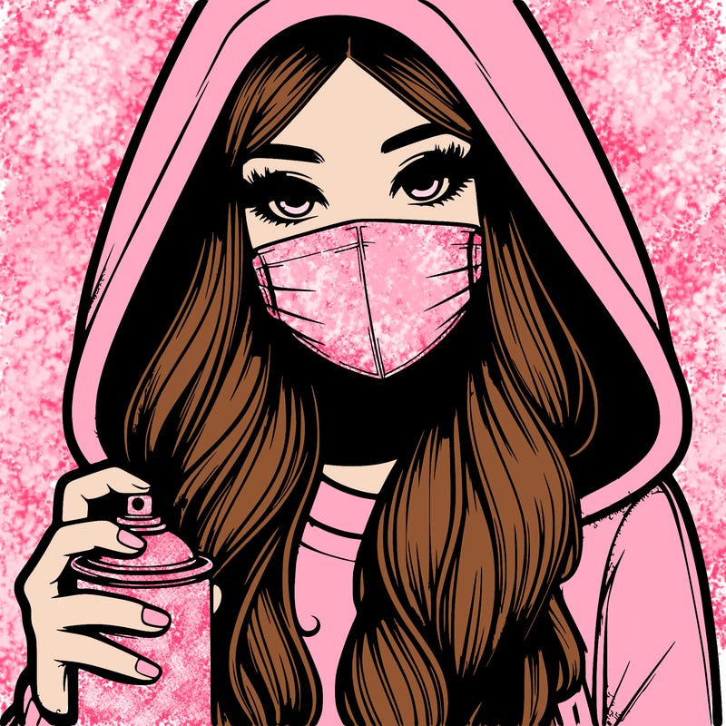 girl wearing a mask with long hair with her hood up spray-painting realistic