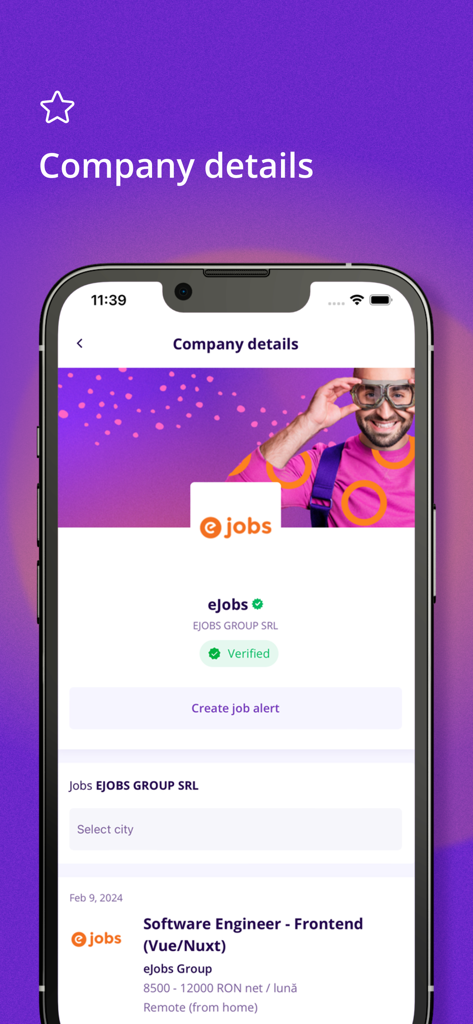 eJobs mobile app interface showing a verified company profile with open job listings and salary transparency
