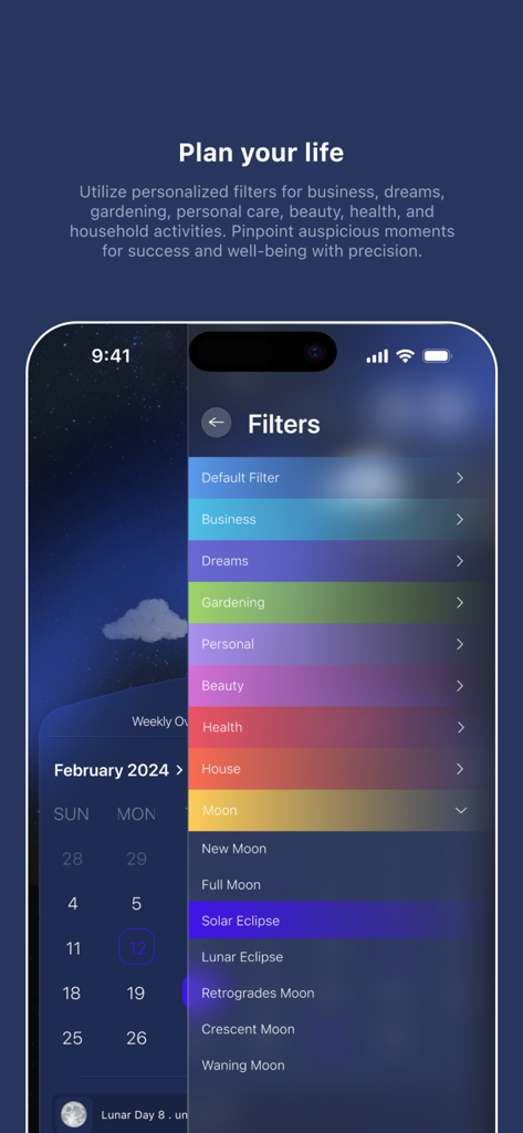 Interface de l'application Moon Days Calendar montrant les filtres de planification de vie pour les affaires, la santé et les phases lunaires.