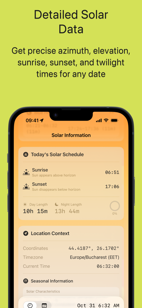 Interfaz de la app Sunio mostrando información solar precisa incluyendo amanecer, atardecer y duración del día