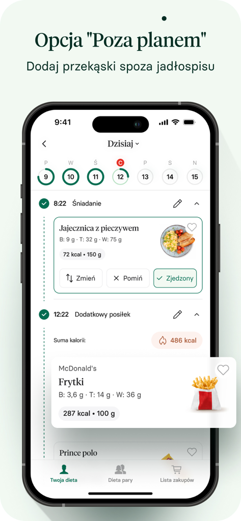 Respo: Dieta i Licznik kalorii - Respo mobile app screen showing a daily meal log and calorie tracking interface