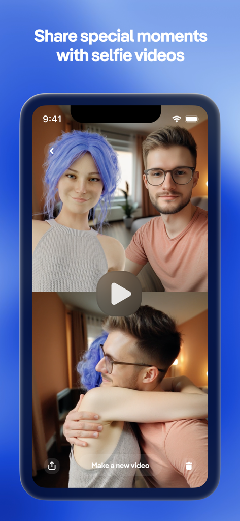 Interfaz de la aplicación Replika que muestra una función de video selfie con un compañero de IA 3D personalizado.