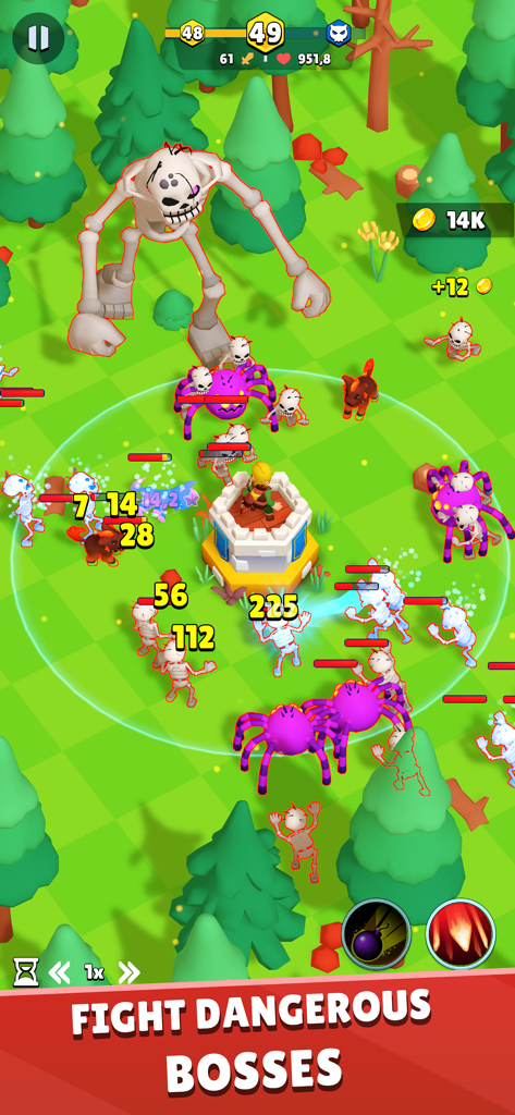 An archer defending a tower against a giant skeleton boss and waves of monsters in a forest