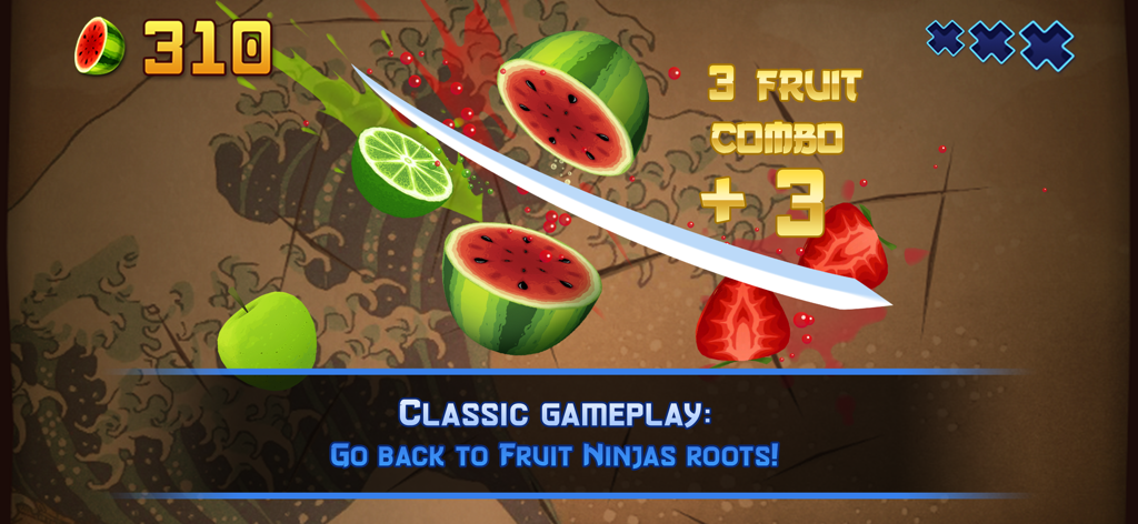 Fruit Ninja Classic - Fruit Ninja Classic gameplay showing a katana slicing through a watermelon and lime for a combo bonus