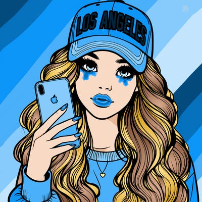realistic beautiful girl wearing los ángeles cap holding an iphone