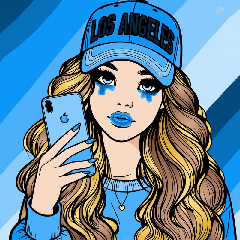 realistic beautiful girl wearing los ángeles cap holding an iphone