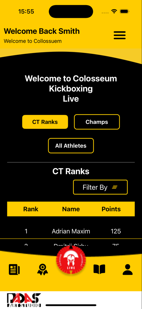 Mobile app screen showing kickboxing fighter rankings with names and points