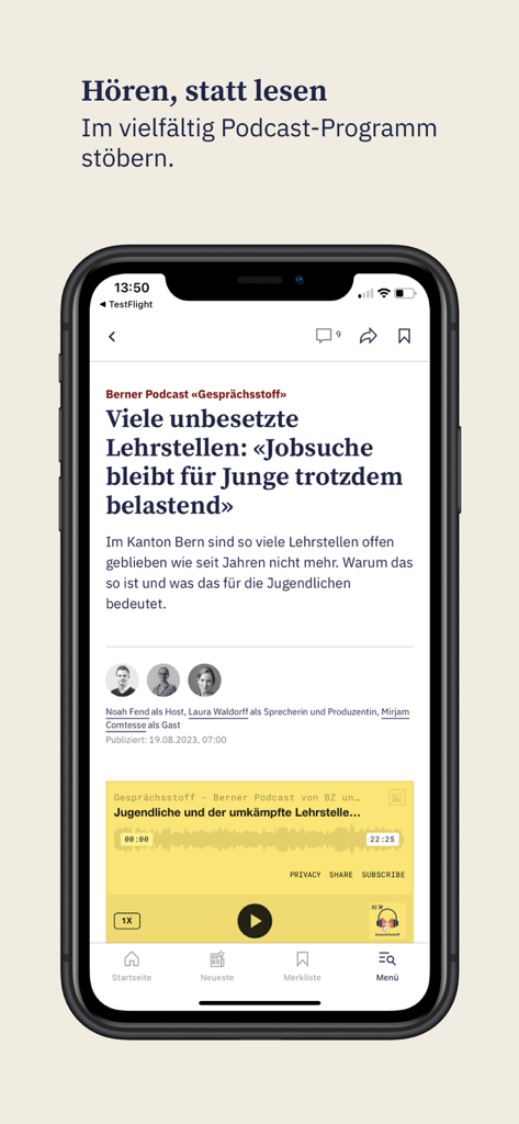 BZ Thuner Tagblatt mobile app displaying a podcast article and an integrated audio player.