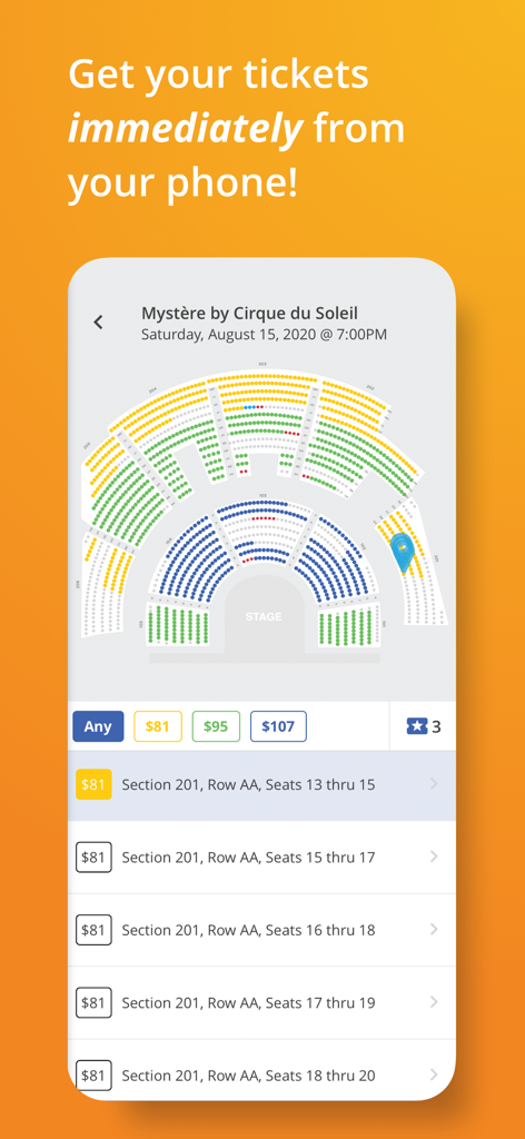 Vegas.com - Vegas 앱 인터페이스에 태양의 서커스 쇼 좌석 선택 및 가격 표시
