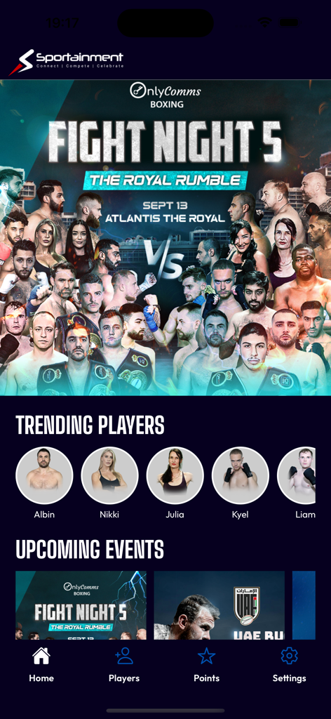 Sportainment - Sportainment app home screen featuring Fight Night 5 event and trending players
