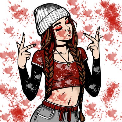 realistic teenage girl with braids and a beanie and crop top doing 🫶🏼