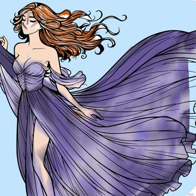 realistic woman in dress flowing the the wind