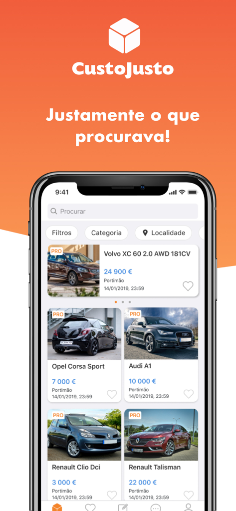 CustoJusto - Smartphone screen showing the CustoJusto mobile app interface with various used car listings and search filters.