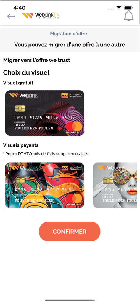 Webank - Webank mobile app screen showing options to migrate account offers and select a personalized bank card design