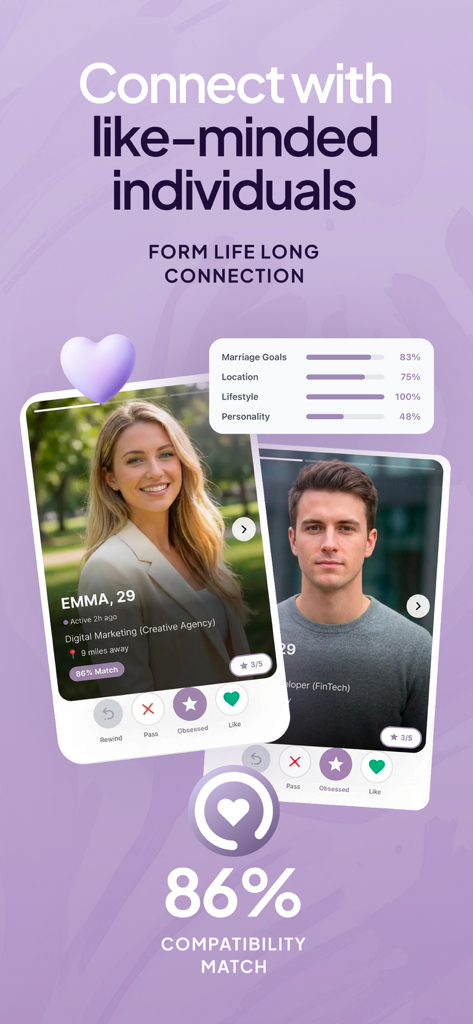 Accord app interface showing profile matching with detailed compatibility scores for marriage goals and lifestyle