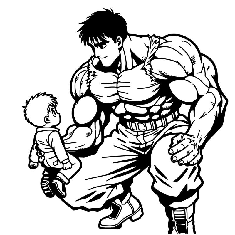 a muscular anime character picks up a child
