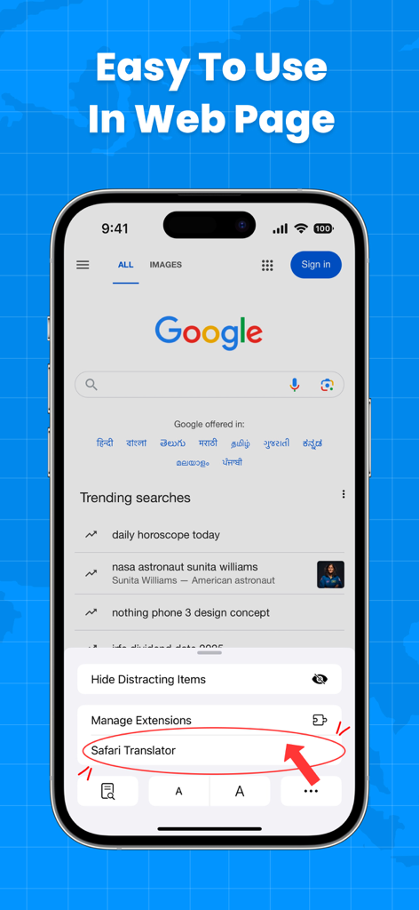 AI Translator for Web Pages - iPhone-Screenshot, der das Menü der Safari-Übersetzer-Erweiterung im Safari-Webbrowser zeigt