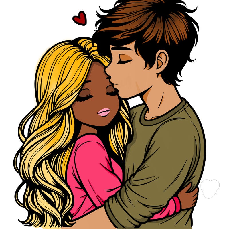 a realistic couple boy and girl hugging and kissing