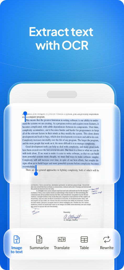 Scan.Plus app interface showing the extract text with OCR feature on a scanned document