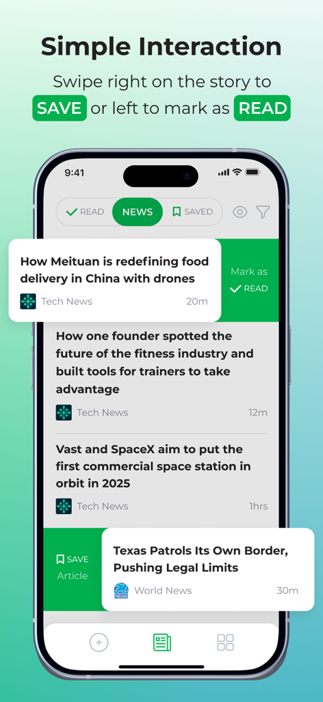 follow.it - Interface de l'application mobile follow.it montrant un flux d'actualités avec des gestes de balayage pour enregistrer des articles ou les marquer comme lus.