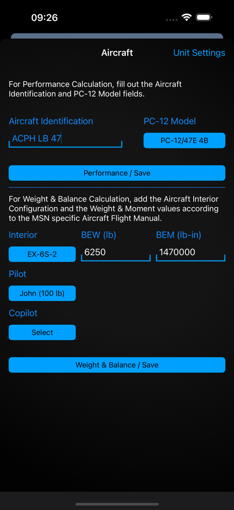 PC-12 Calculator - Aircraft configuration and weight and balance settings screen of the PC-12 Calculator app