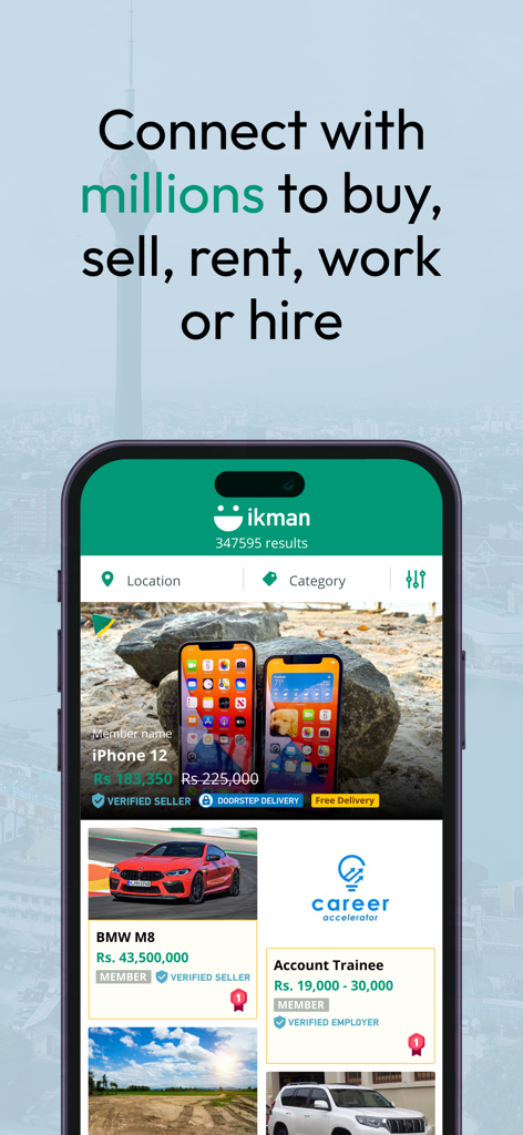 ikman - Everything Sells - Interface de l'application ikman présentant différentes catégories telles que l'électronique, les voitures et les emplois