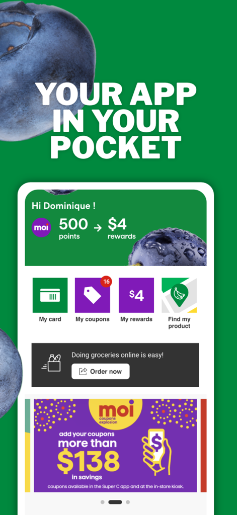 Moiリワードポイントとショッピングツールが表示されたFood Basicsモバイルアプリのホーム画面