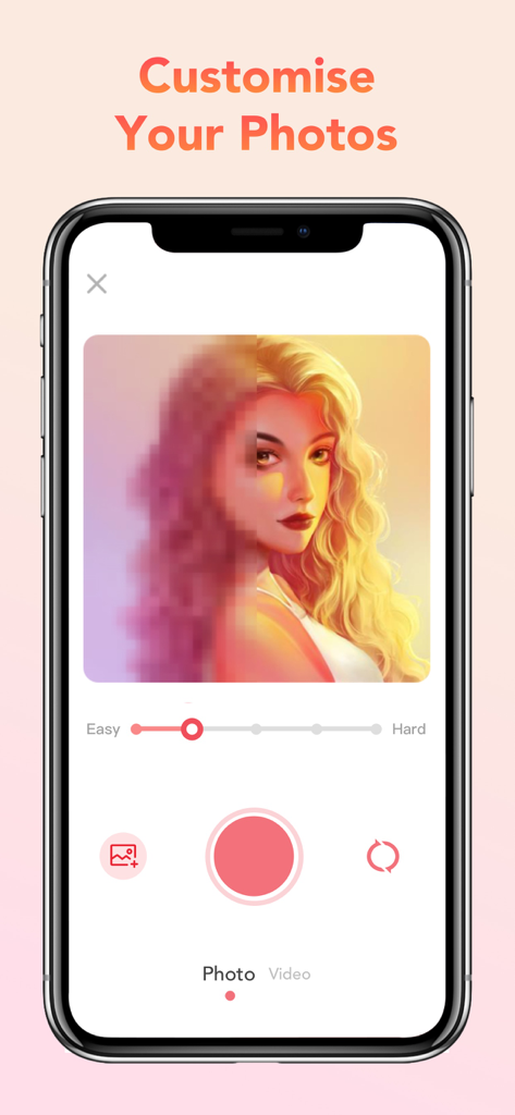 Pixel Art Book：Color By Number - A mobile interface showing the custom photo to pixel art feature with a difficulty slider