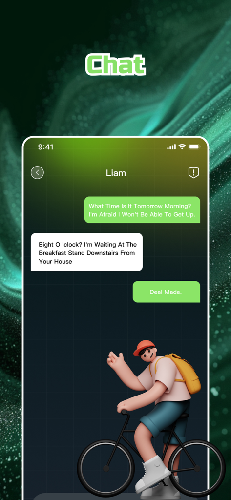 Interface de chat na app Bleo a mostrar uma conversa entre ciclistas com uma ilustração de personagem 3D.