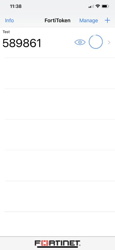 FortiToken Mobile screen showing a six digit authentication code