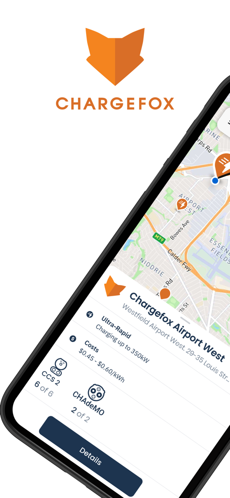 Chargefox: EV Charging Network - Interfaz de la app Chargefox que muestra un mapa de estaciones de recarga para VE con detalles de la estación para Airport West, incluidos los costes y la disponibilidad de enchufes.