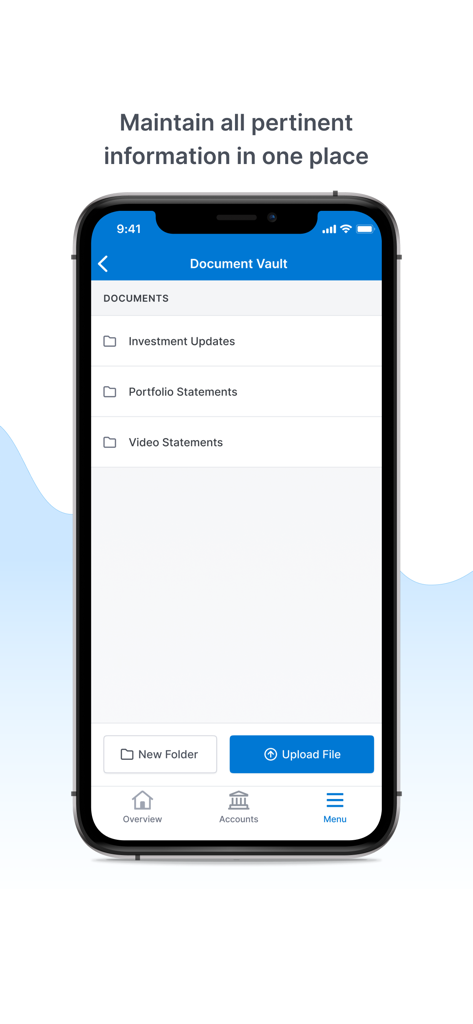 Simplicity Wealth app Document Vault screen showing folders for investment updates and portfolio statements