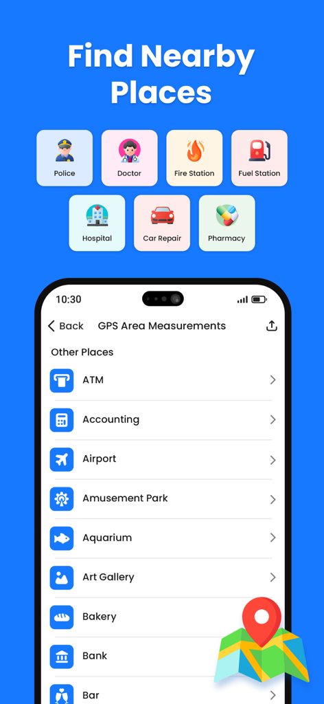 AreaMate - AreaMate app interface showing the Find Nearby Places feature with categories like police, hospital, and ATM.
