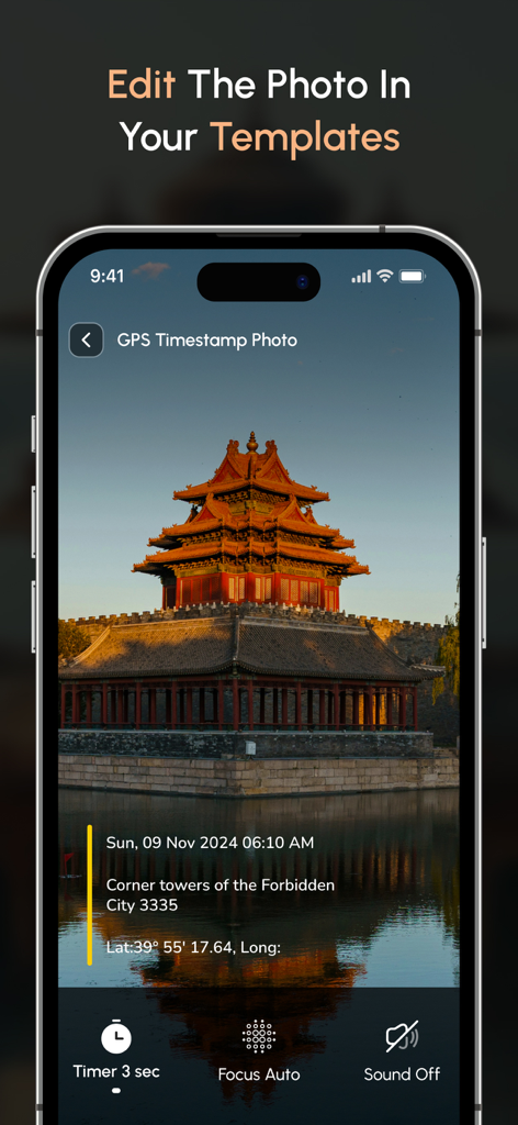 GPS Map Camera Geotag Location - 日付と位置情報の詳細が付いたジオタグ付き写真を表示するスマートフォンの画面